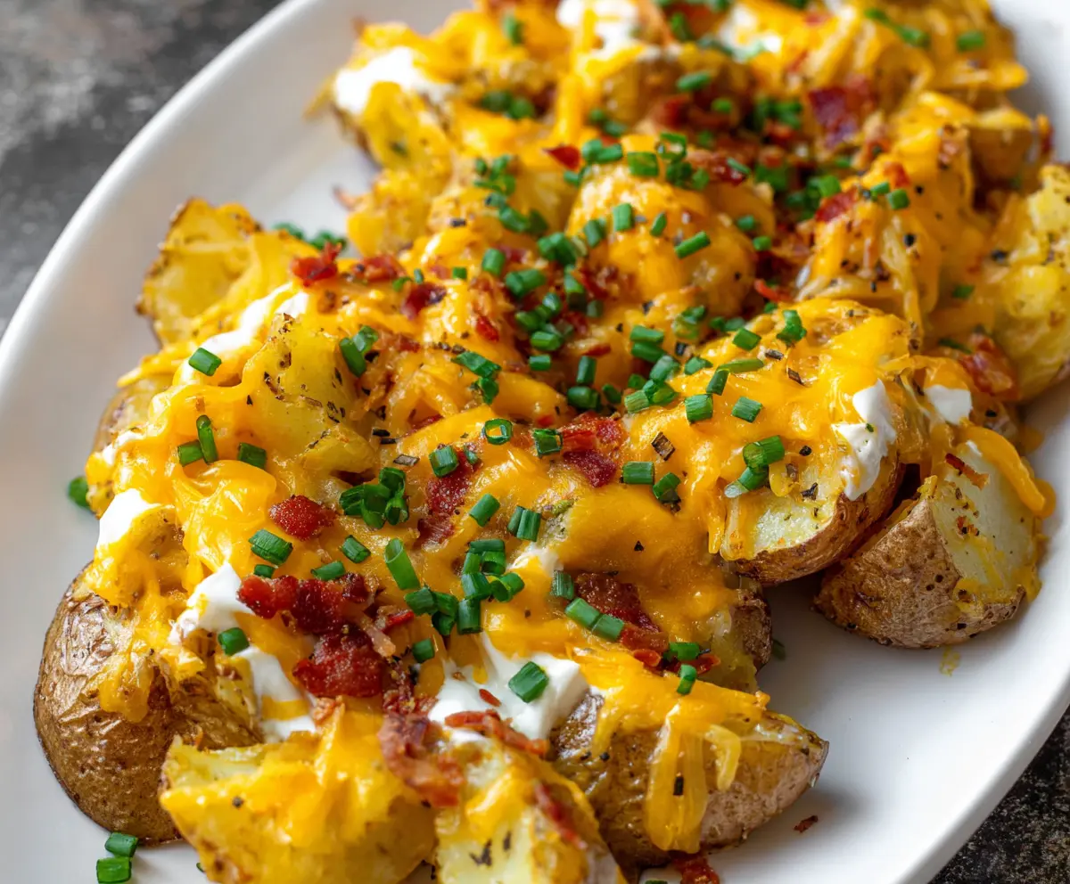 Golden baked cheddar ranch potatoes with crispy edges and melted cheese, served on a white plate.