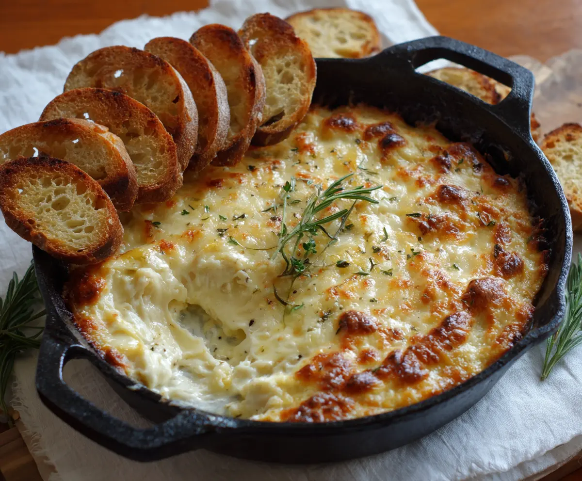 Delicious baked double cheese and sweet onion dip served in a bowl, perfect for appetizers and party snacks.