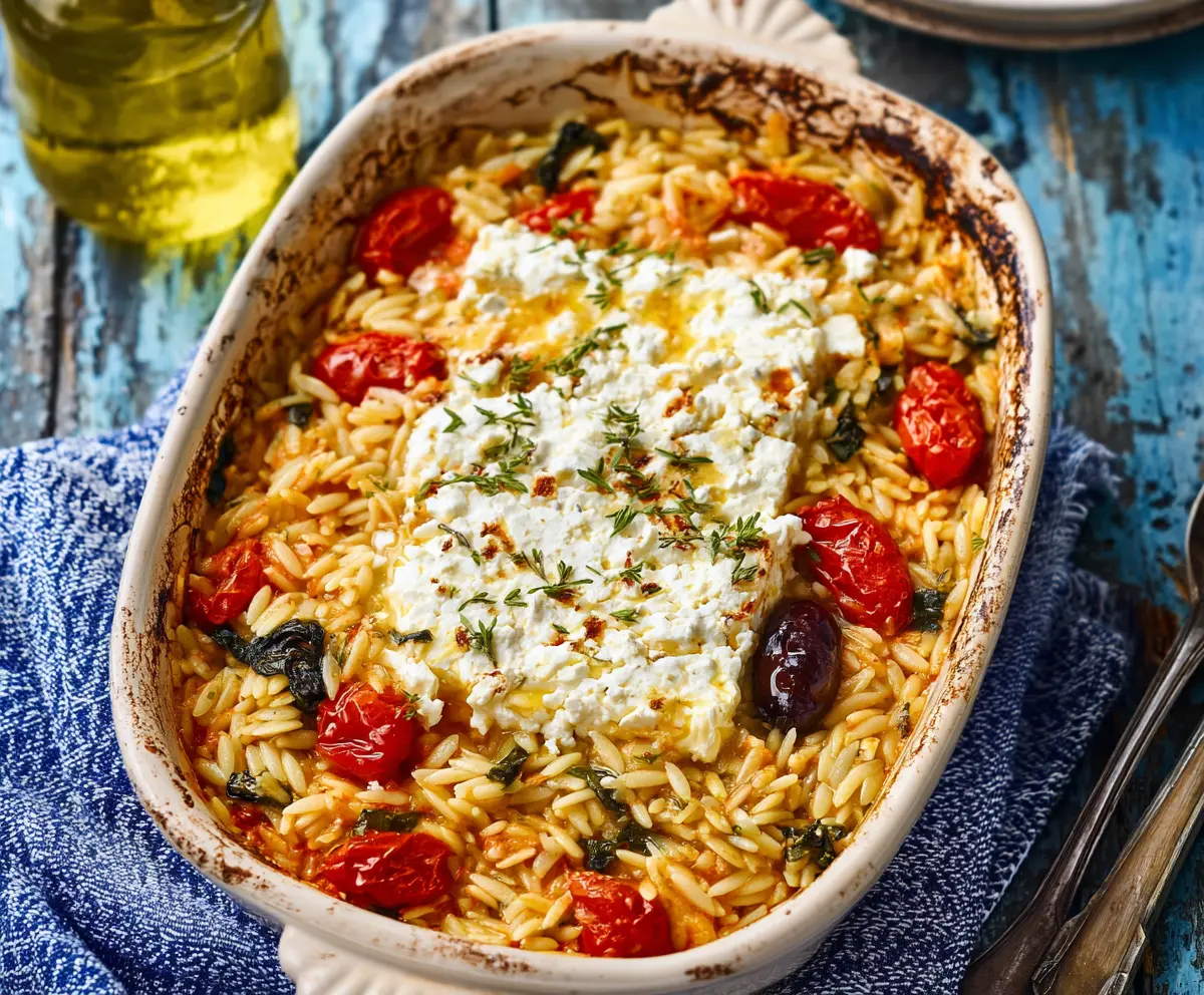 Creamy baked feta cheese with orzo pasta in a baking dish, garnished with herbs for a delicious meal