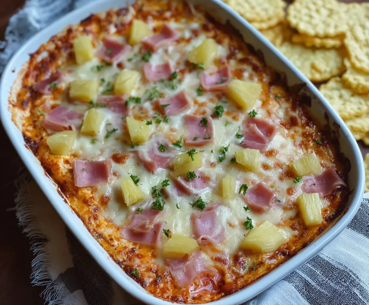 Delicious baked Hawaiian pizza dip with pineapple, ham, and melted cheese served hot.