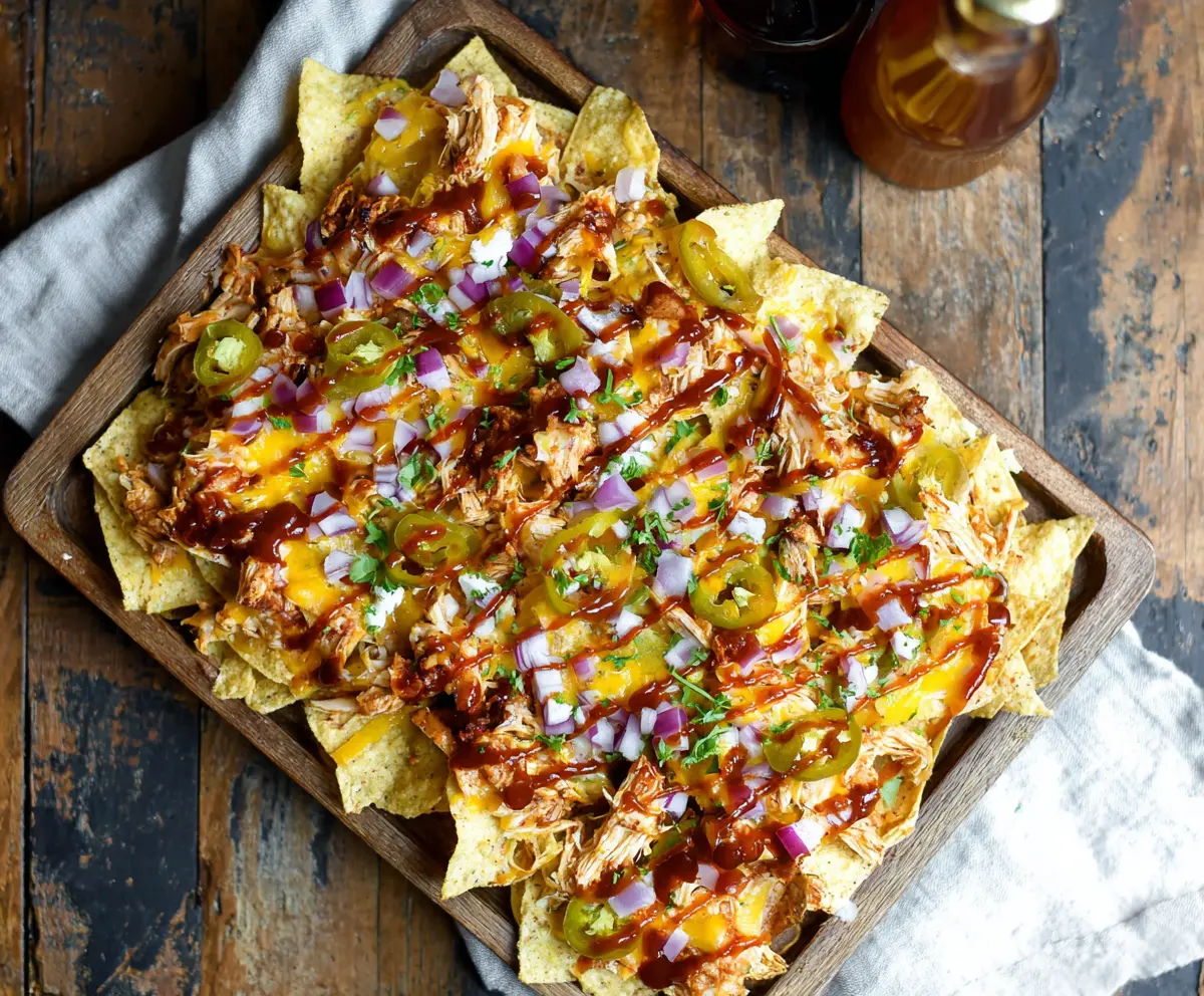 Delicious BBQ Chicken Nachos topped with melted cheese, jalapenos, and fresh cilantro.
