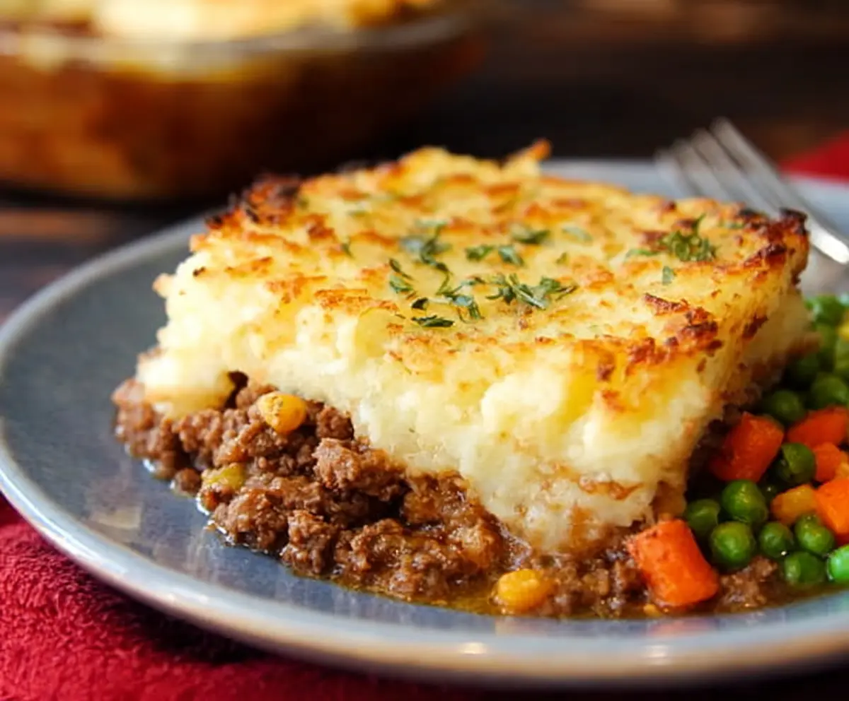 Delicious Beef Shepherd's Pie with mashed potato topping and savory beef filling.