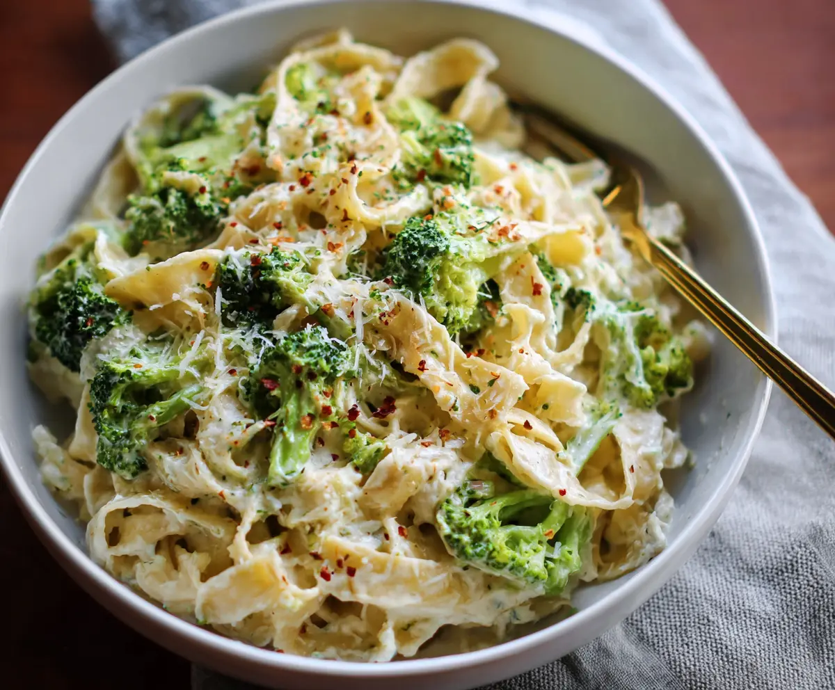Creamy Boursin cheese pasta with fresh broccoli florets, a delicious and easy-to-make dinner recipe.