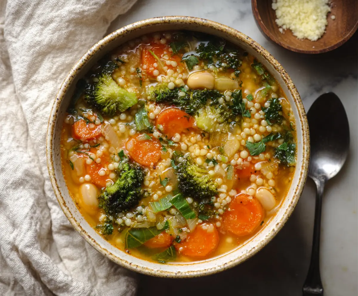 A bowl of broccoli and carrot couscous soup garnished with fresh herbs
