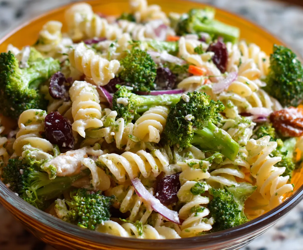 Fresh broccoli and pasta salad in a bowl with cherry tomatoes and herbs