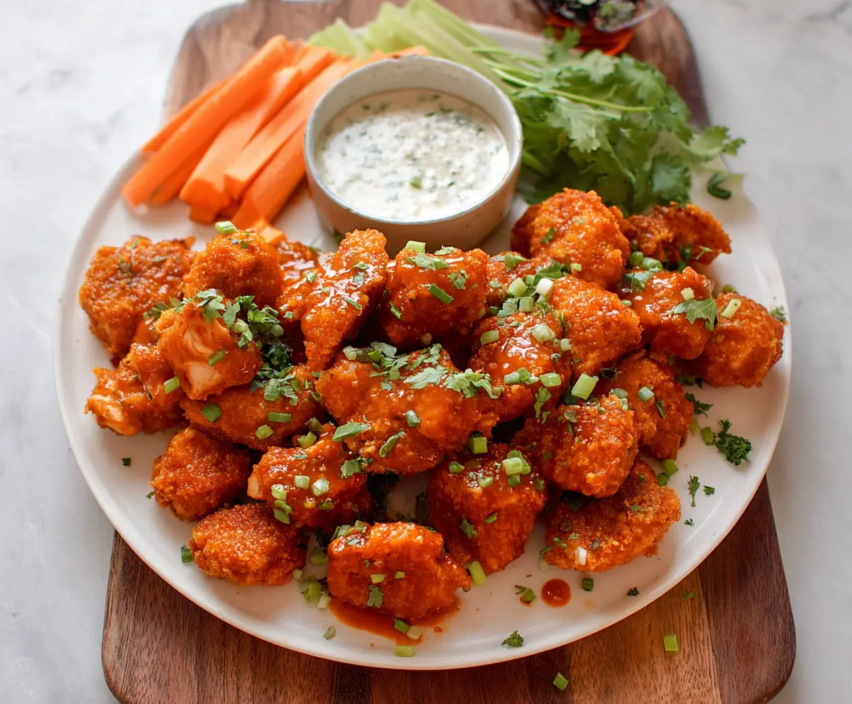 Delicious buffalo chicken bites garnished with celery sticks on a platter