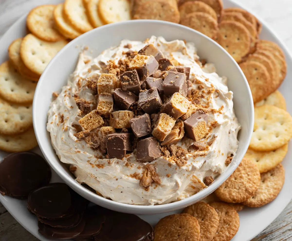 Creamy Butterfinger Dip in a bowl with crushed candy bars and dipping apples for a sweet treat.