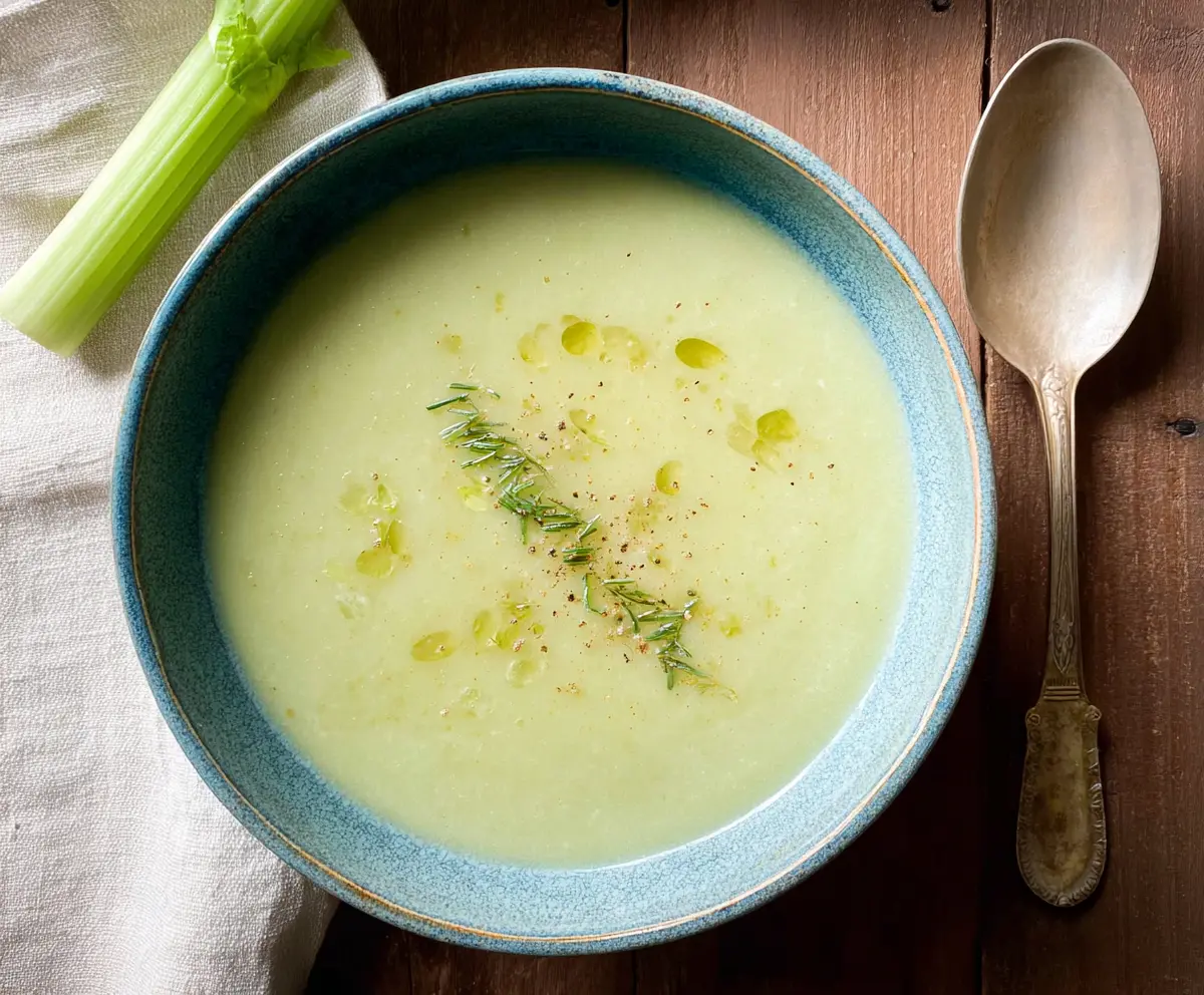 Creamy celery and leek soup served in a bowl, perfect for a healthy meal.