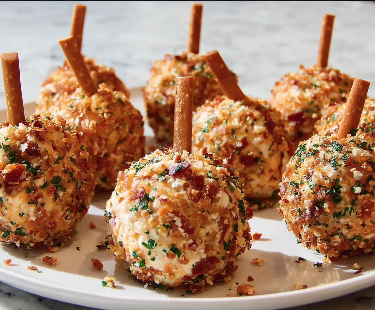 Delicious cheeseball bites with creamy cheese and savory toppings on a serving platter.
