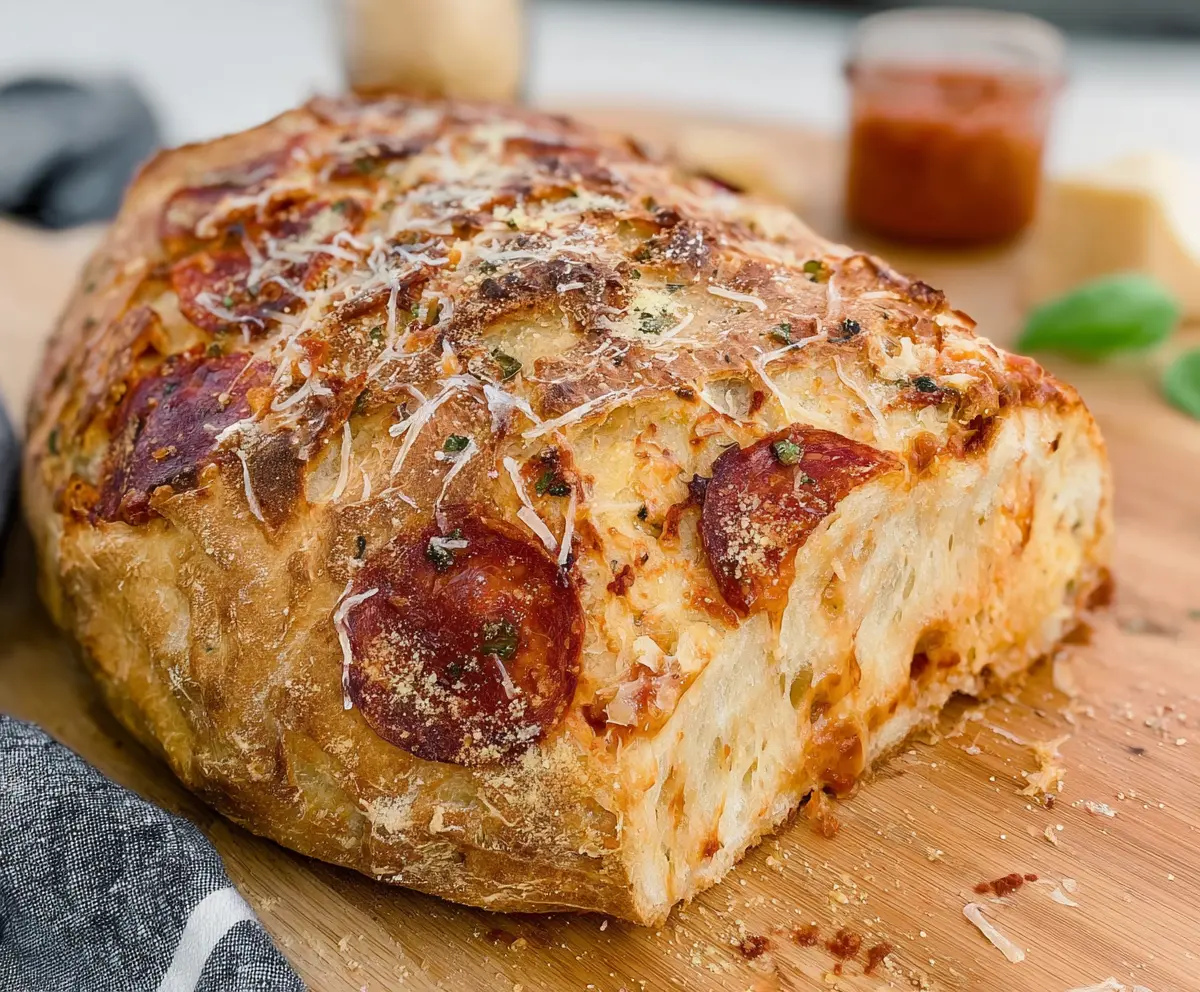 Delicious cheesy pepperoni sourdough pizza bread fresh out of the oven