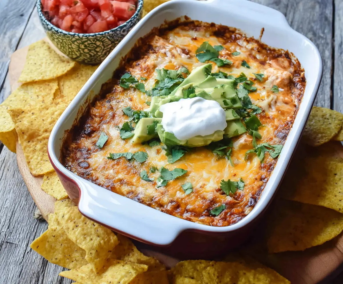 Creamy chicken enchilada dip with melted cheese and flavorful enchilada sauce, perfect for parties.