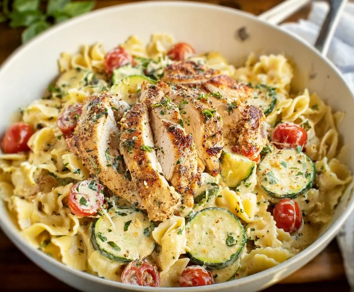 Delicious Chicken Primavera with fresh vegetables and pasta on a white plate.