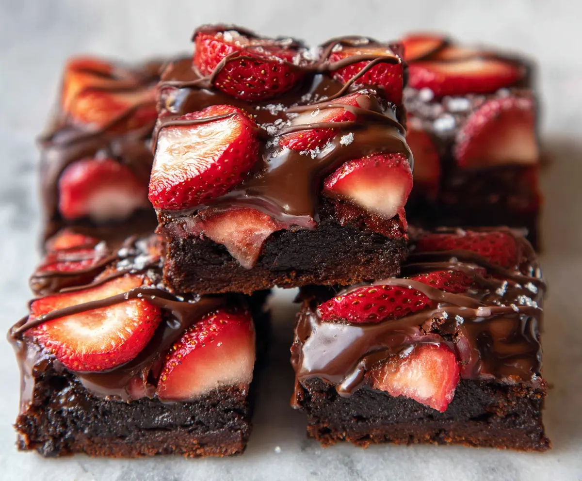 Delicious chocolate covered strawberry brownies topped with fresh strawberries and rich chocolate glaze.