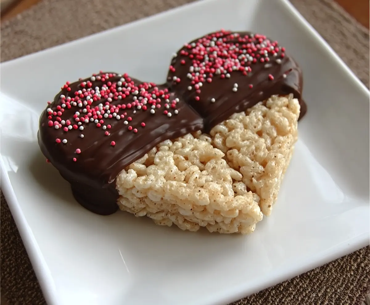Chocolate Dipped Heart Rice Krispies treats perfect for Valentine's Day celebrations.