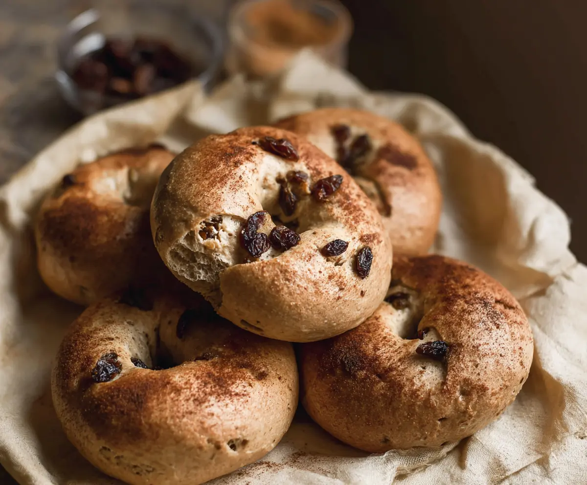 Fresh cinnamon raisin sourdough bagels on a wooden cutting board, showcasing their chewy texture and sweet fruit filling.