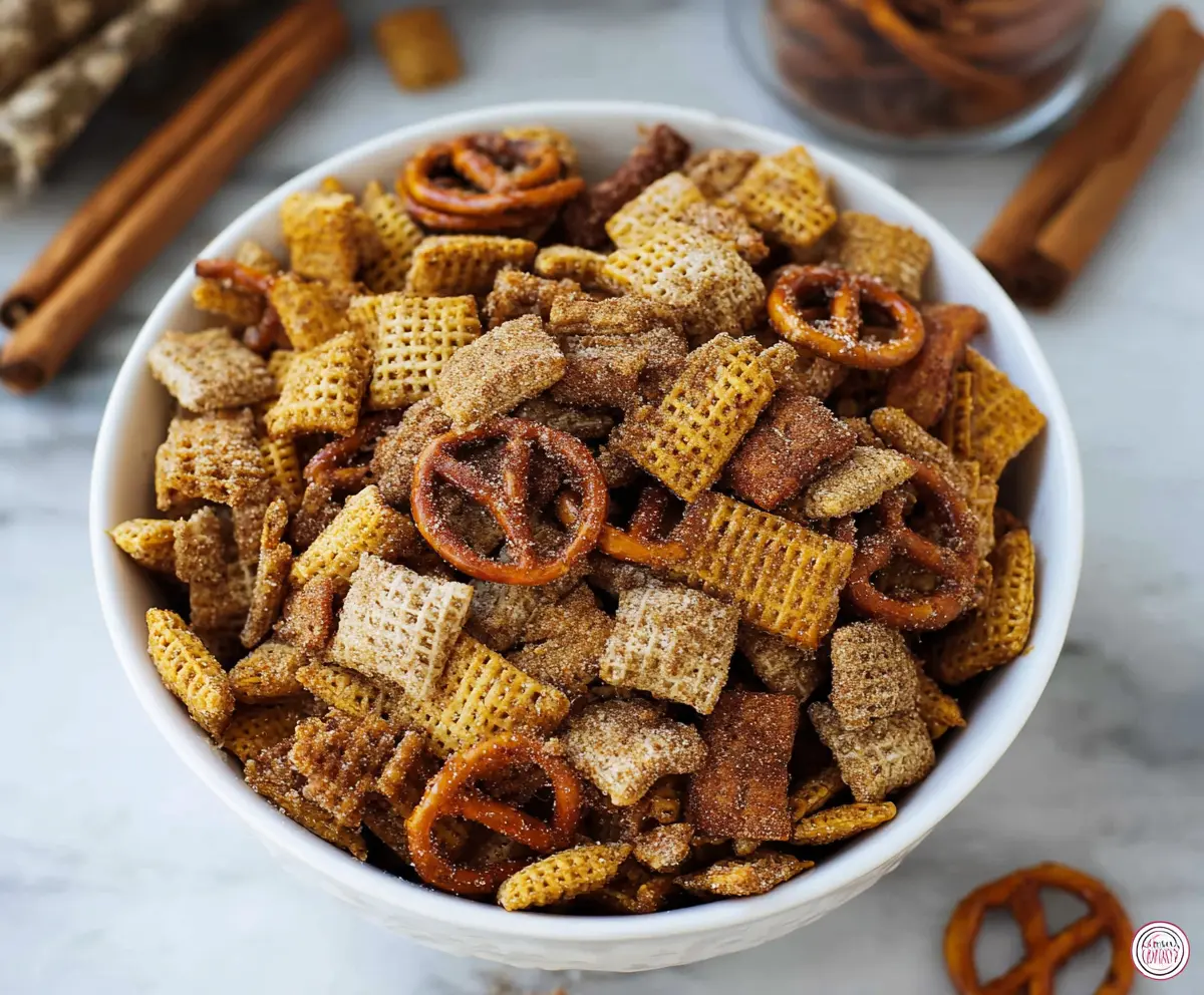 Delicious Cinnamon Sugar Chex Mix in a bowl, featuring sweet and spicy flavors perfect for snacking.