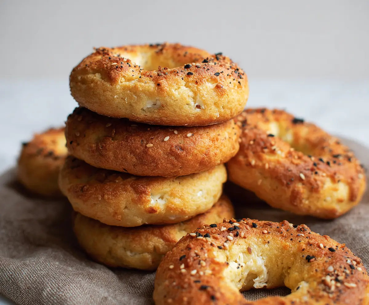 Delicious homemade cottage cheese almond flour bagels on a rustic wooden board