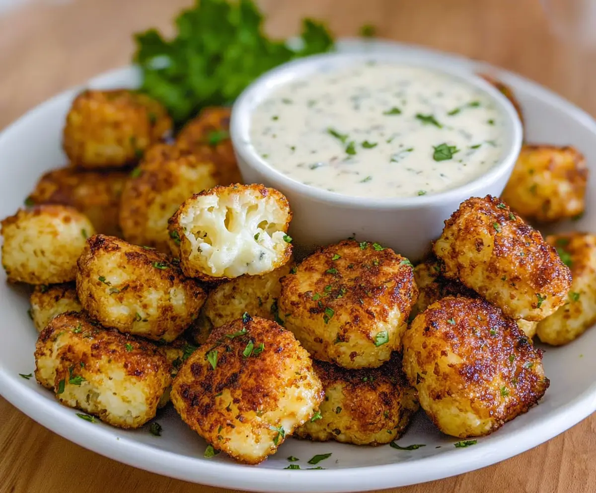 Crunchy baked Cottage Cheese Cauliflower Tots served with fresh herbs, perfect for a healthy snack or appetizer.
