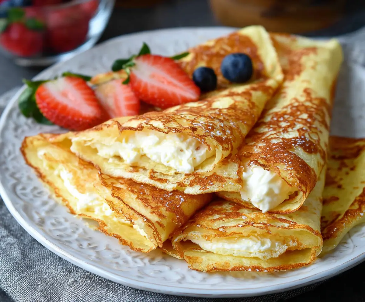 Delicious homemade cottage cheese crepes garnished with fresh herbs on a plate.