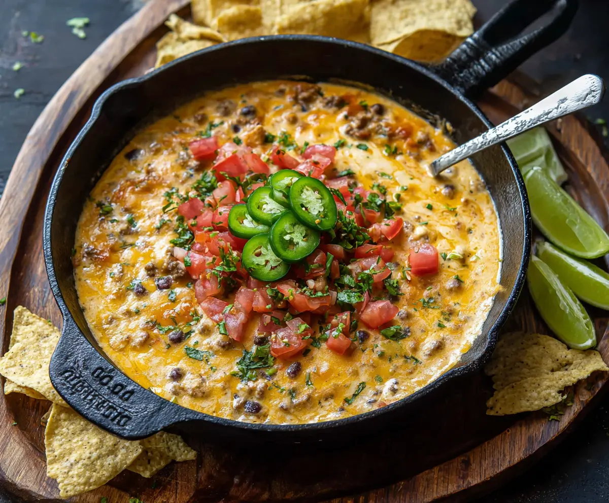 Delicious Cowboy Queso dip with melted cheese, jalapenos, and spicy toppings in a rustic serving bowl.