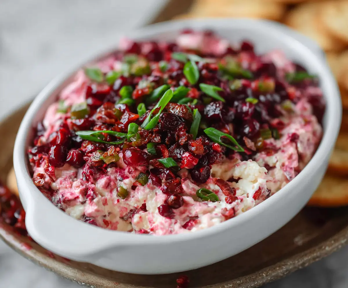 Cream cheese dip with cranberries and jalapenos, perfect for parties and snacks.