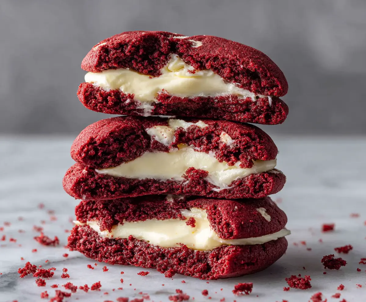Delicious red velvet cookies filled with creamy cream cheese on a white plate.