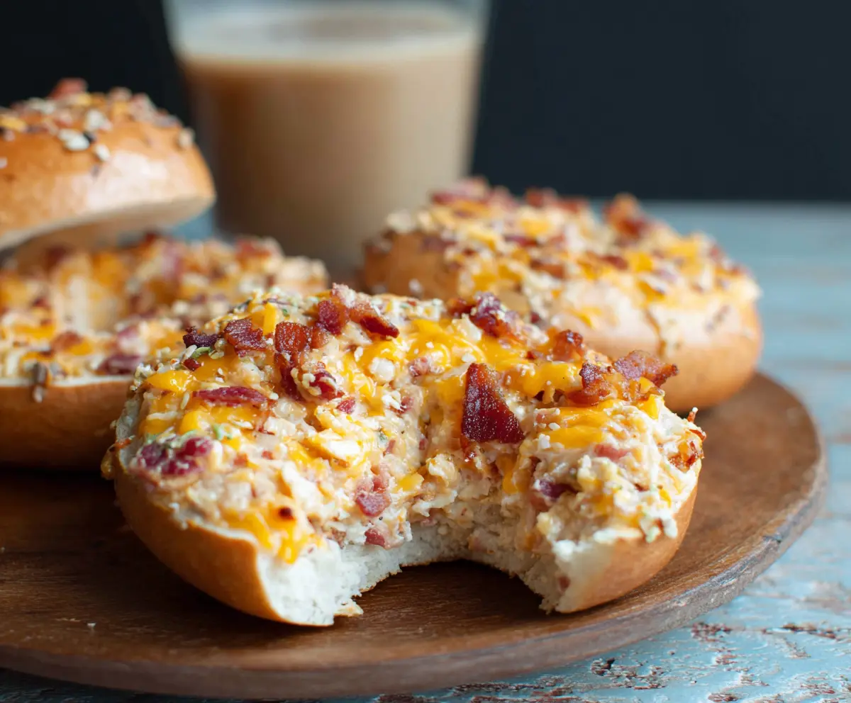 Golden creamy bacon cheddar bagels topped with crispy bacon and melted cheddar cheese.