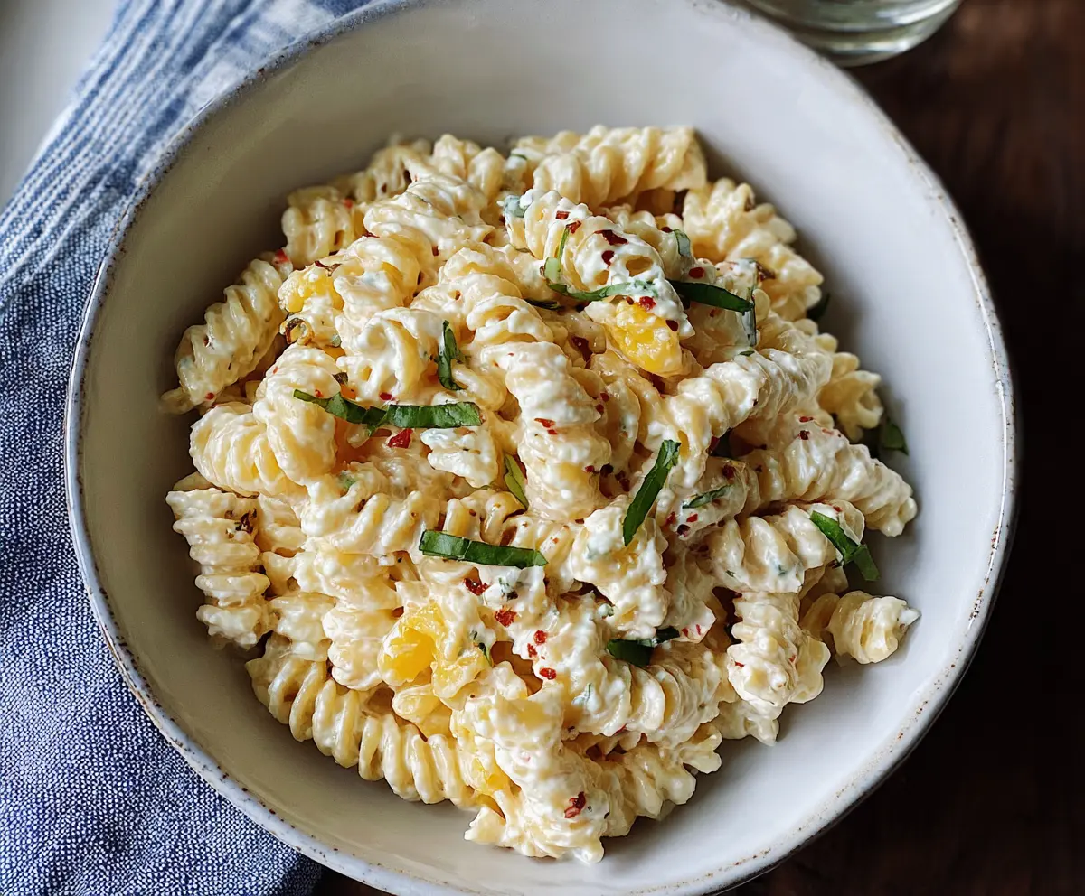 Delicious creamy cottage cheese pasta served on a plate, garnished with herbs for flavor.