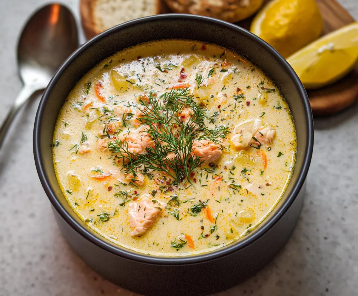 Hearty Creamy Dill Salmon Soup served in a bowl with fresh dill garnish