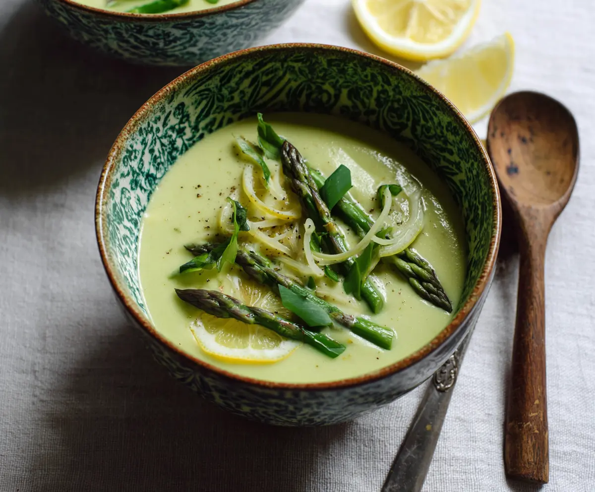 Creamy tahini and lemon asparagus soup served in a bowl with fresh herbs.