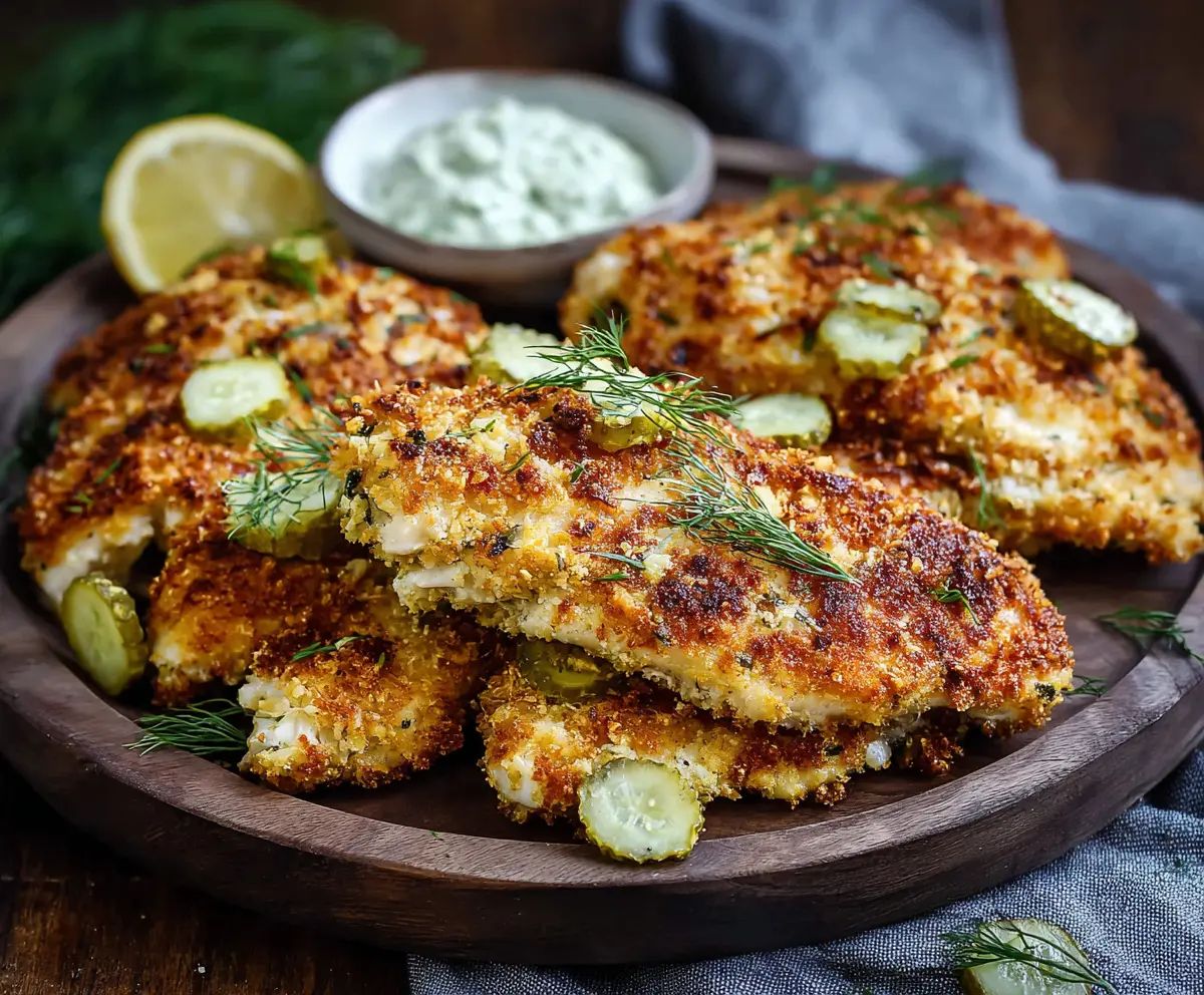 Crispy Dill Pickle Parmesan Chicken garnished with fresh herbs on a white plate.
