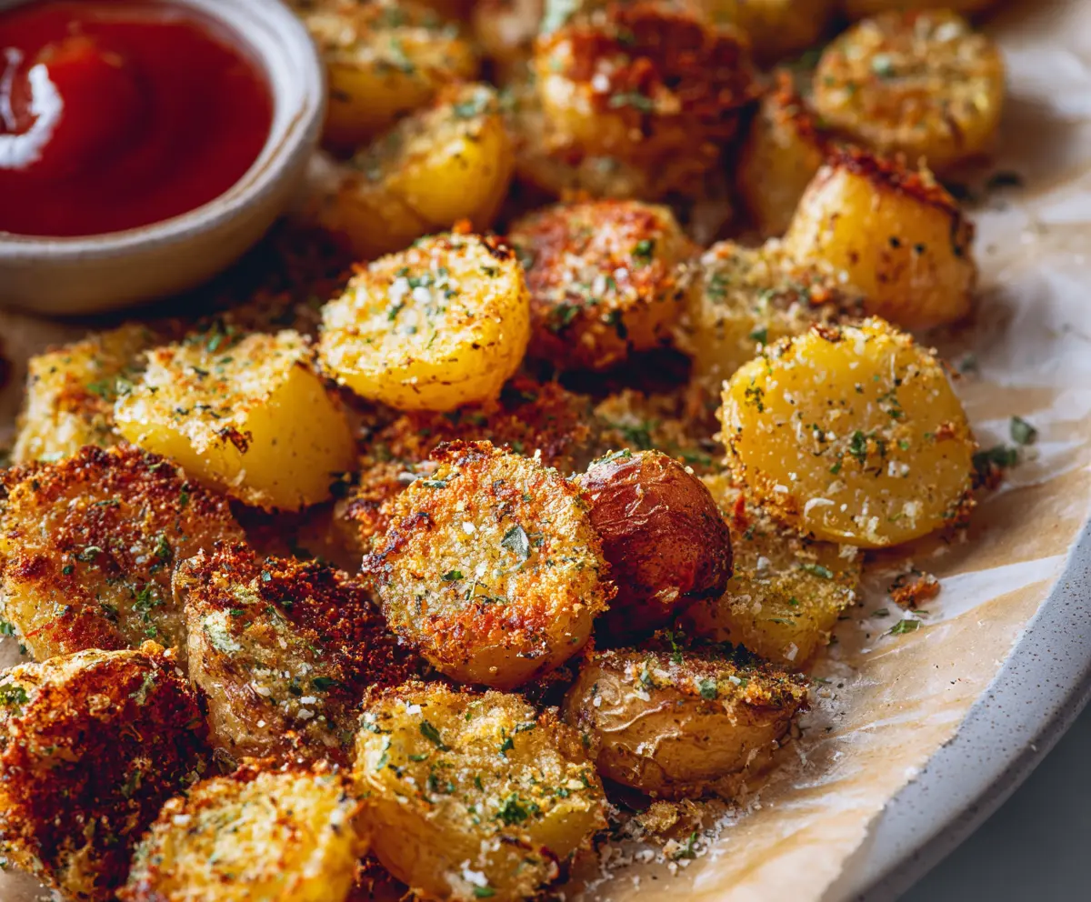 Golden crispy garlic parmesan crusted potatoes served as a flavorful side dish.