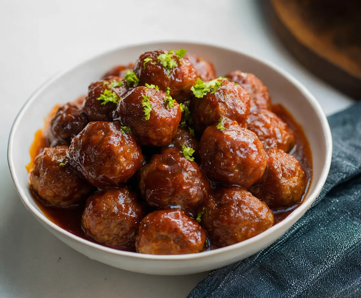 Delicious homemade Crock Pot BBQ Meatballs served in a white bowl with garnishes