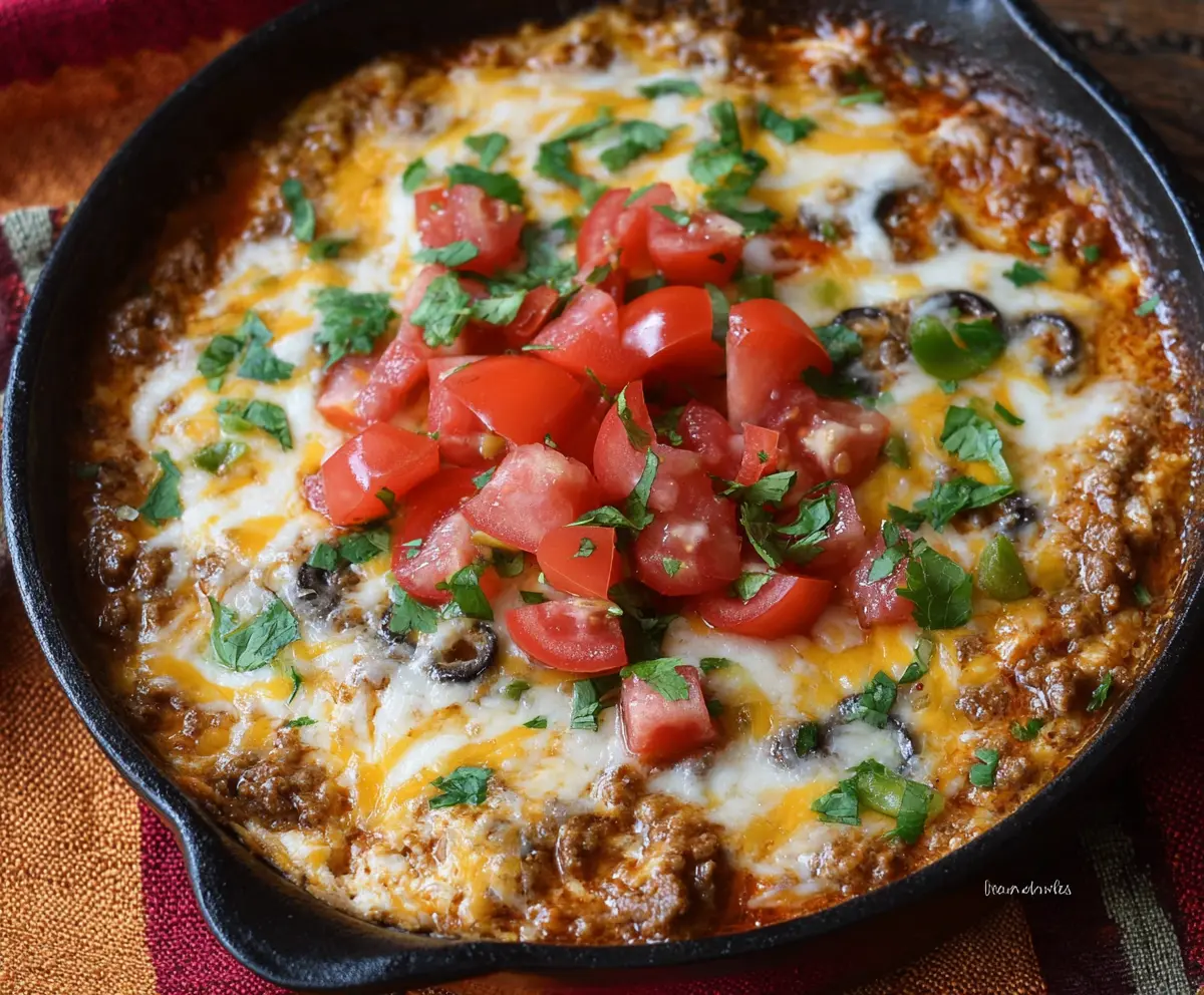 Creamy Crock Pot Beef Nacho Dip topped with melted cheese and fresh toppings, perfect for game day snacks.