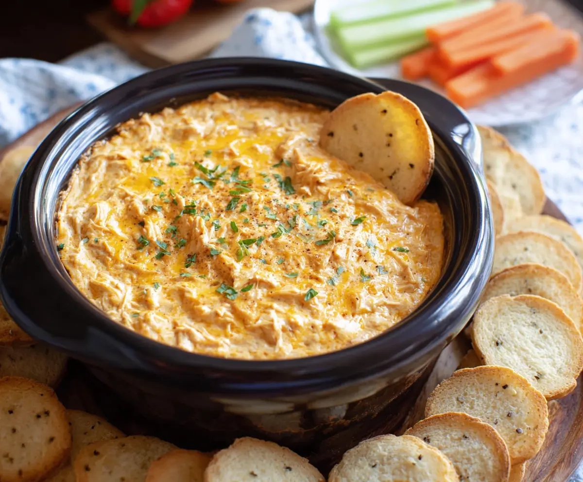 Creamy Crock Pot Chicken Dip served in a bowl with shredded chicken and melted cheese