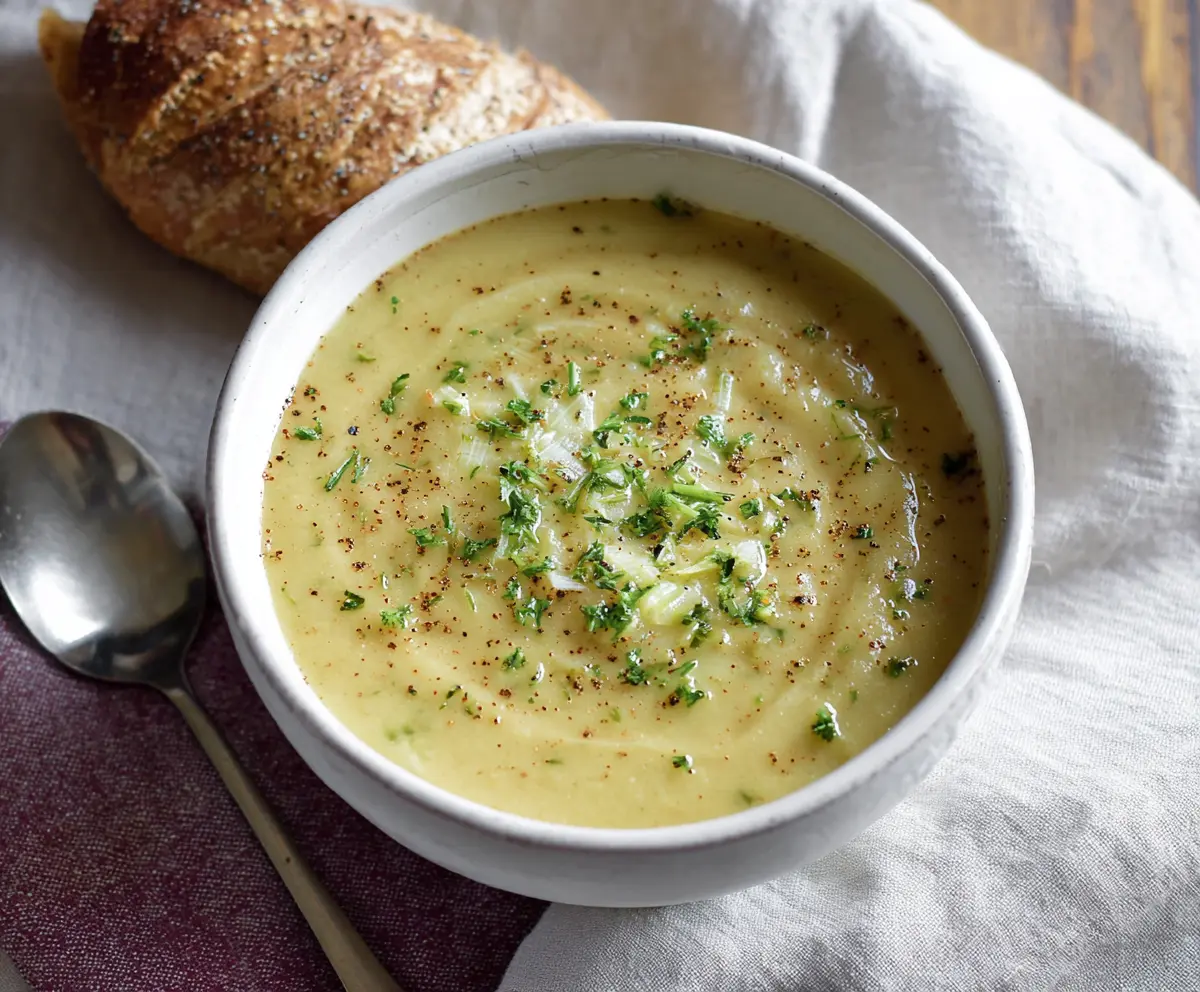 Delicious crockpot potato leek soup in a bowl, garnished with herbs.