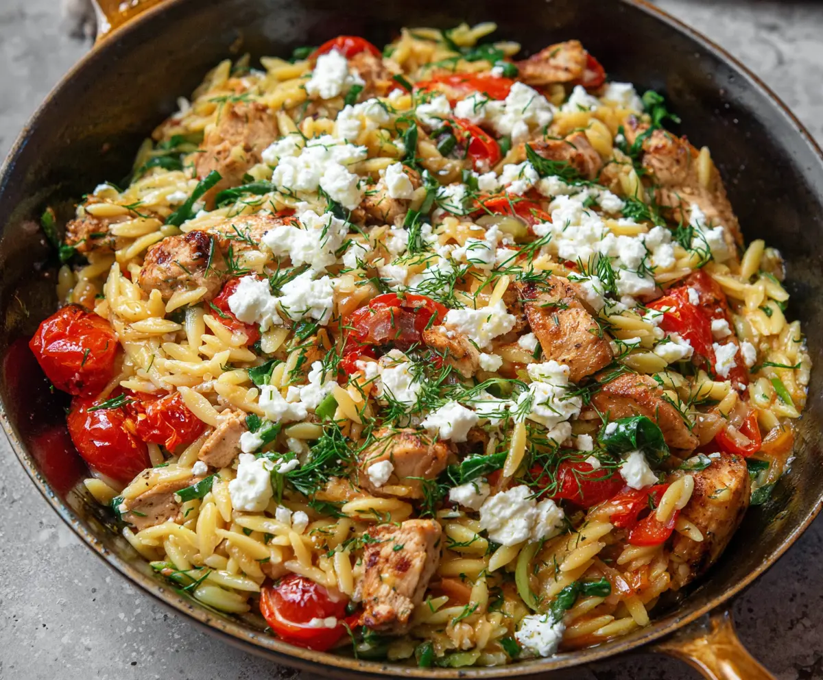 Delicious feta orzo pasta with grilled chicken and fresh herbs on a white plate.