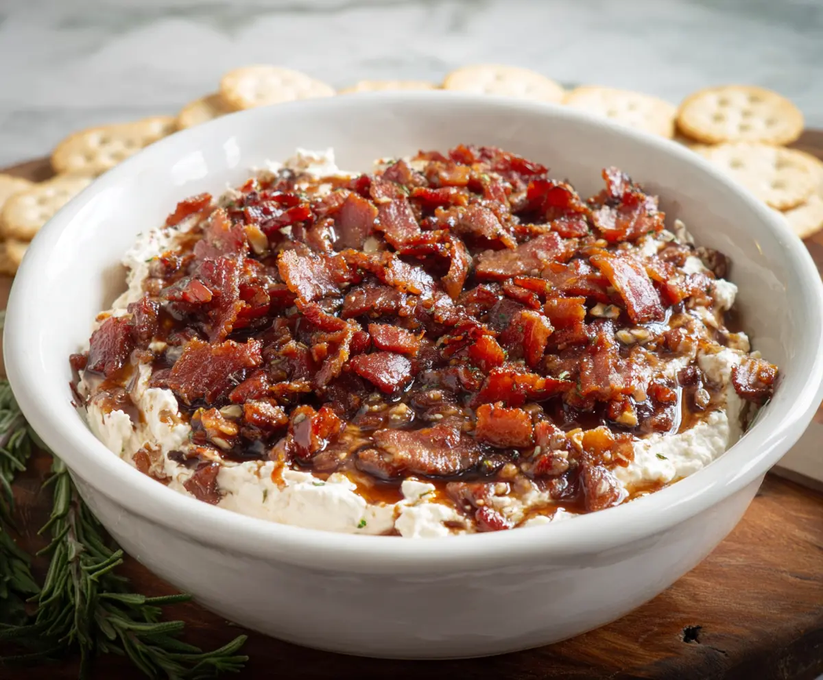 Creamy fig and bacon Boursin cheese dip served with fresh bread slices.