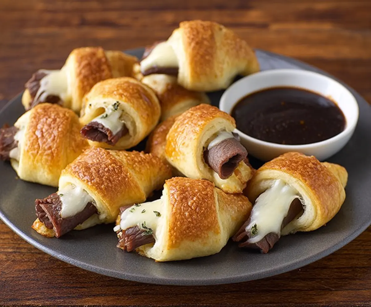 Golden French Dip Crescents filled with tender roast beef and melted cheese on a plate.