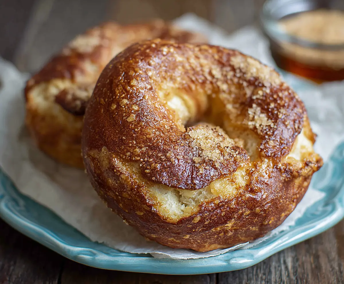 Delicious French Toast Bagels topped with powdered sugar and fresh berries on a breakfast plate.