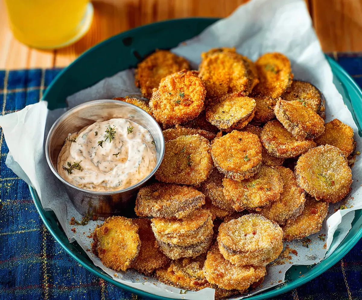 Crispy fried pickles served with dipping sauce, perfect for appetizer or snack.