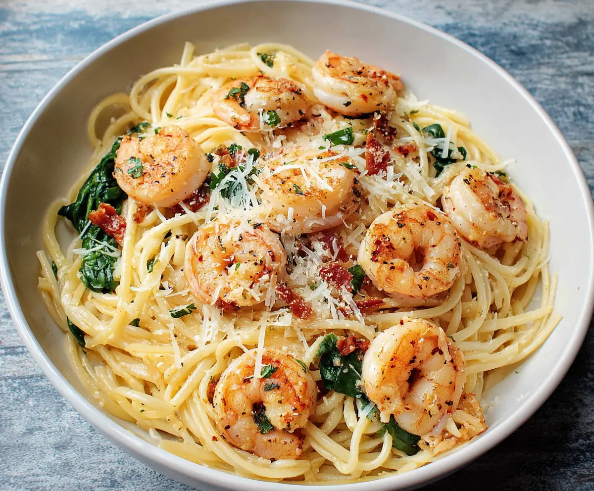 Creamy garlic butter shrimp pasta with fresh herbs and tender shrimp on a white plate.