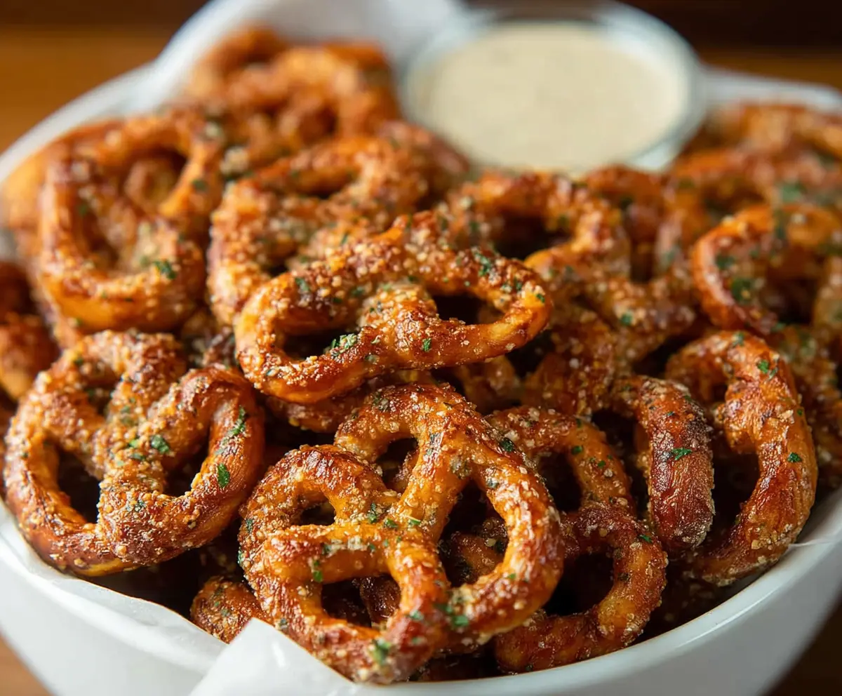 Crunchy garlic ranch pretzels with herbs and spices, perfect for snacking.
