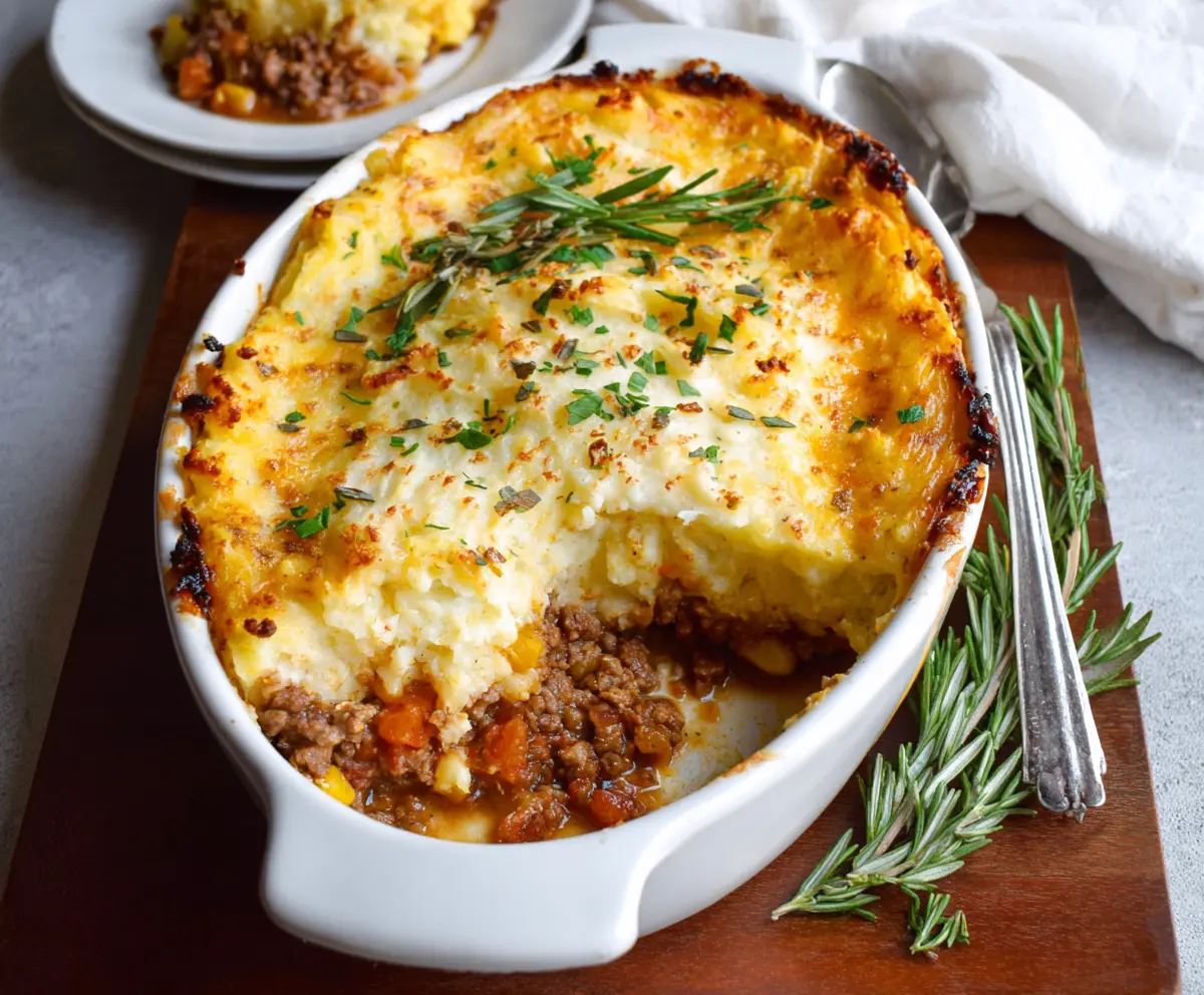 Delicious gluten-free shepherd's pie topped with mashed potatoes and fresh herbs