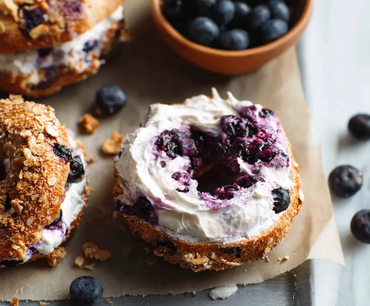 Delicious Greek Yogurt Blueberry Crunch Bagels topped with fresh blueberries and crunchy toppings.