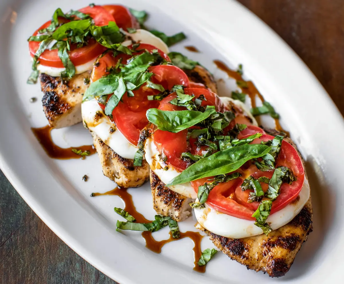 Delicious grilled chicken topped with fresh basil, mozzarella, and cherry tomatoes for a flavorful Caprese dish.
