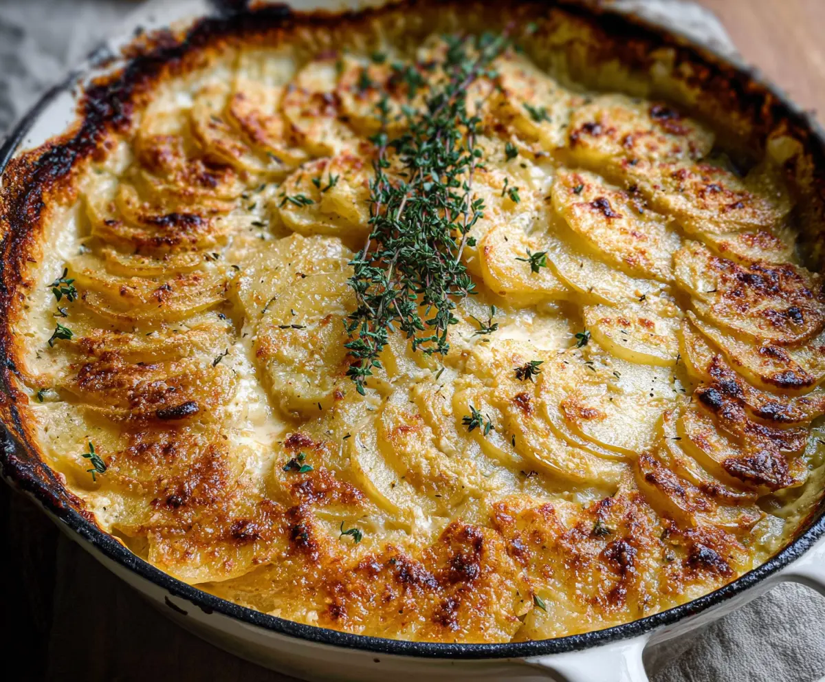 Creamy Gruyere Potato Gratin baked to perfection with golden cheese crust