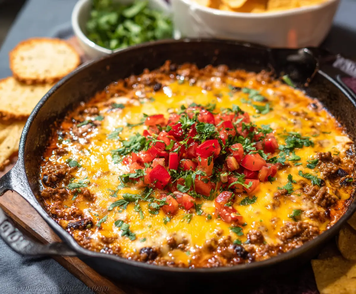 Delicious hamburger meat dip served with chips, perfect for snacks and parties
