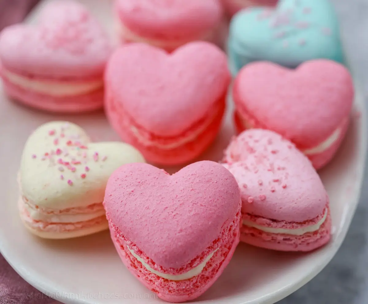 Delicious heart-shaped macarons in pastel pink and white for romantic desserts