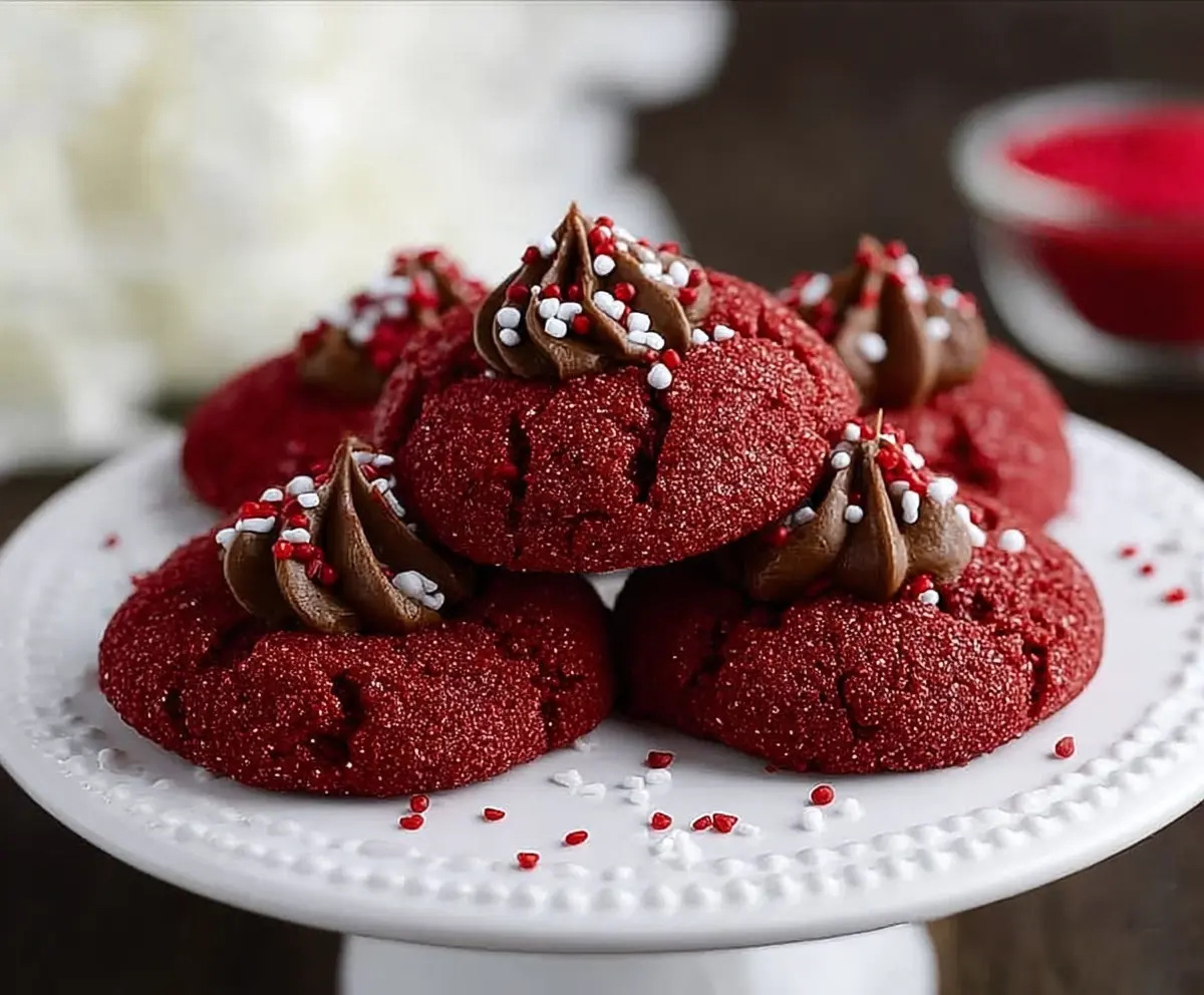 Delicious Hershey's Red Velvet Blossoms Cookies topped with Hershey's Kisses on a festive plate.